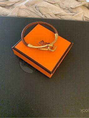 Hermes Brown Leather Bracelet with Gold Hook Hardware